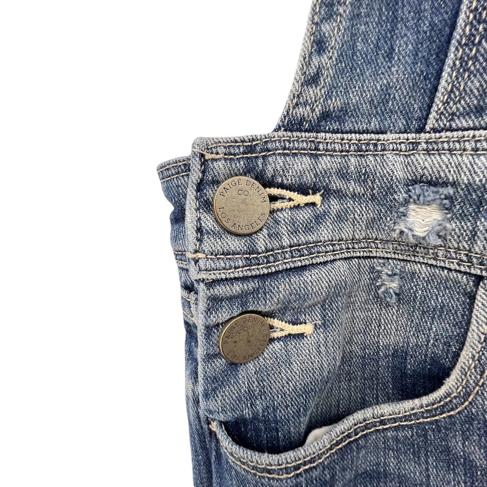 PAIGE Faded Blue Distressed Denim Overalls - Picture 3 of 8